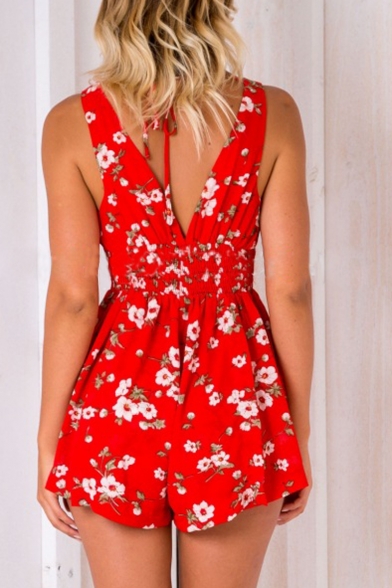 Plunge Neck V Back Sleeveless Floral Printed Beach Rompers