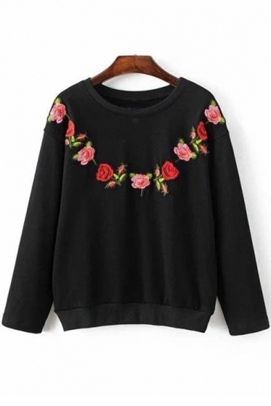 Retro Floral Embroidered Round Neck Long Sleeve Pullover Casual Sweatshirt
