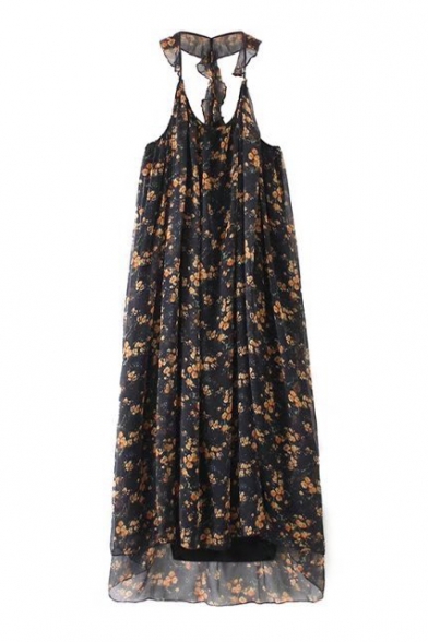 Retro Floral Printed Halter Neck Sleeveless Layered Swing Maxi Dress