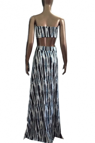 Sexy Fashion Bandeau Top with Split Front Maxi Skirt Color Block Co-ords