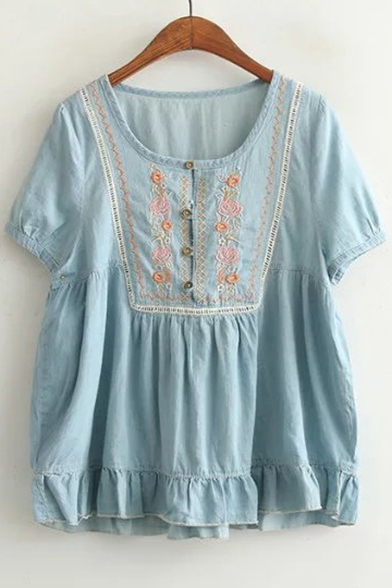 Square Neck Tribal Print Embroidered Short Sleeve Casual Pullover Blouse