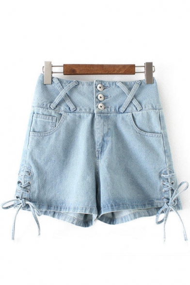 Summer's High Waist Buttons Down Lace Up Side Denim Shorts Hot Pants