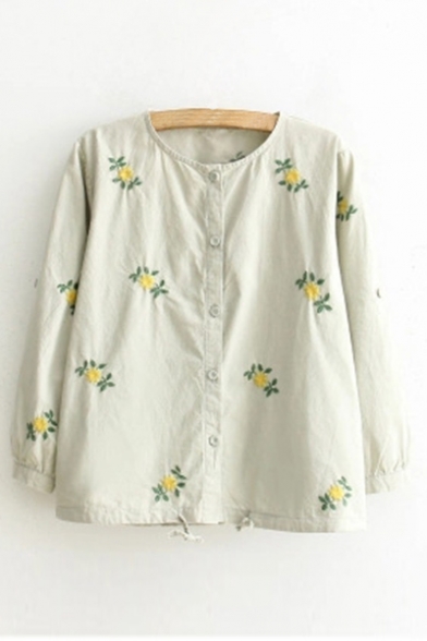 3/4 Sleeve Floral Printed Leisure Casual Linen Buttons Down Shirt