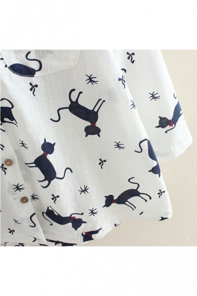 Cartoon Cat Printed Long Sleeve Single Breasted Hooded Linen Sun Protection Coat
