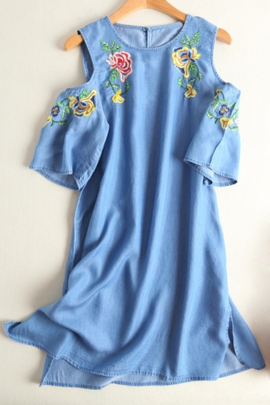 Cold Shoulder Round Neck Short Sleeve Embroidery Floral Mini Swing Denim Dress