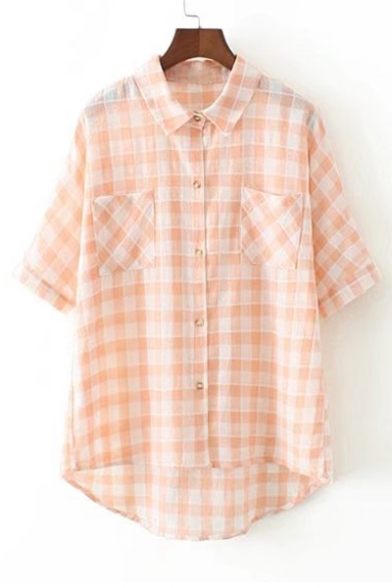 Color Block Plaid Lapel Half Sleeve High Low Hem Single Breasted Shirt