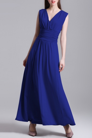 Elegant V-Neck Sleeveless Ruched Front Plain Maxi A-Line Party Dress