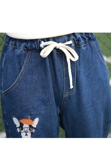 Fashion Embroidery Cartoon Dog Pattern Drawstring High Waist Roll Up Jeans
