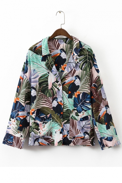 Floral Birds Printed Lapel Collar Long Sleeve Buttons Down Shirt