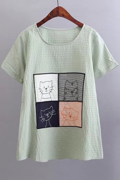 New Arrival Embroidery Cartoon Cat Pattern Short Sleeve Round Neck Tee