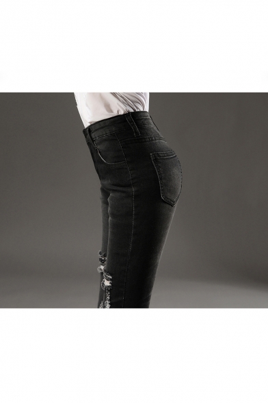 New Fashion High Waist Ripped Skinny Flared Capris Plain Jeans