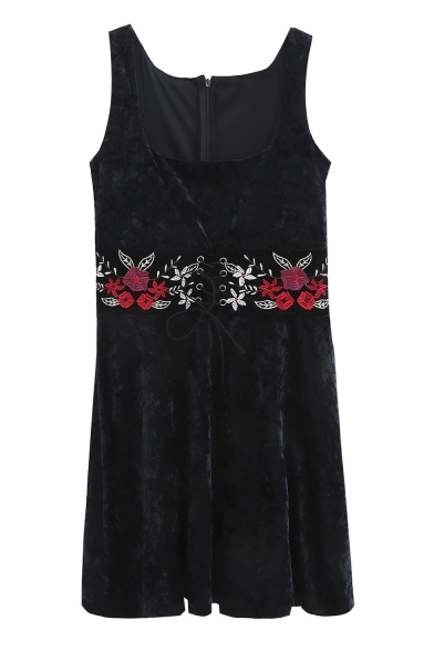 New Stylish Squared Neck Sleeveless Embroidery Floral Pattern Velvet Mini Shift Dress