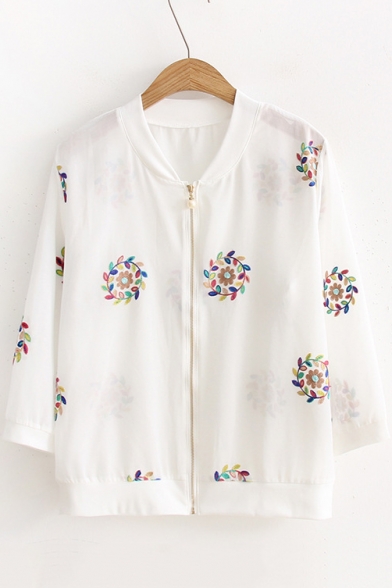 Retro Floral Letter Printed Long Sleeve Zip Fly Casual Leisure Sun Protection Coat