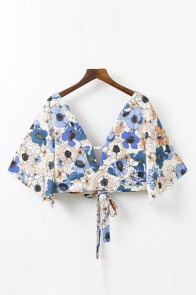 Sexy Plunge V-Neck Half Sleeve Floral Printed Tied Back Cropped Blouse