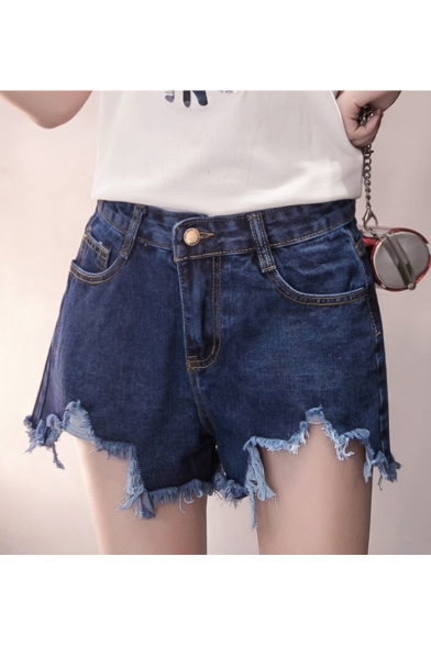Summer Fashion Ripped Fringe Asymmetric Hem Plain Denim Shorts