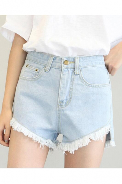 Summer's High Waist Fringe Hem Plain Slit Side Denim Shorts