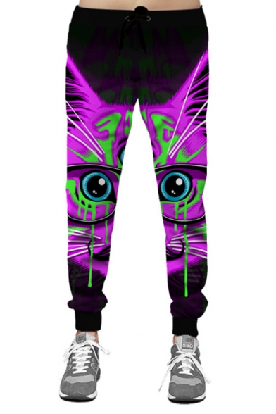Digital Cartoon Cat Eyes Printed Drawstring Waist Oversize Sports Pants