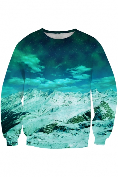 Digital Cartoon Snow Mountain Pattern Round Neck Long Sleeve Pullover Sweatshirt