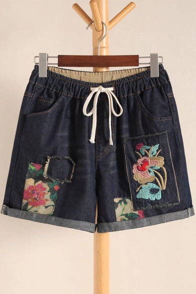Drawstring Elastic Waist Embroidery Floral pattern Turn Up Denim Shorts