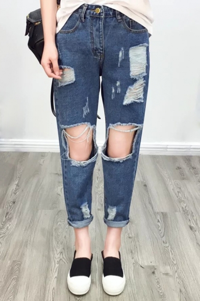 Fashion Ripped Cutout Plain Mid Waist Straight Jeans