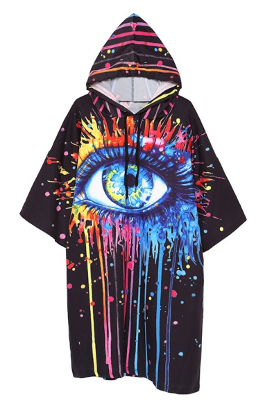Hooded Short Sleeve Eye Printed Casual Oversize Midi Loose T-Shirt Dress