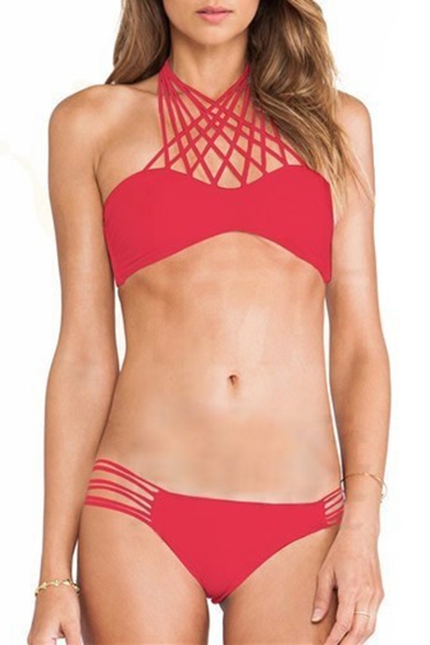 Hot Fashion Halter Neck Multi Straps Plain String Side Bottom Bikini Swimwear
