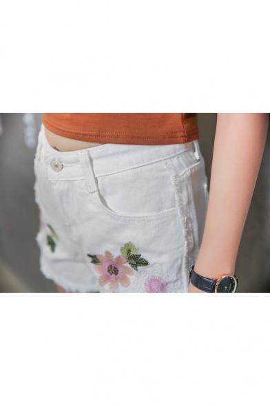Hot Fashion High Rise Floral Embroidered Ripped Summer's Denim Shorts