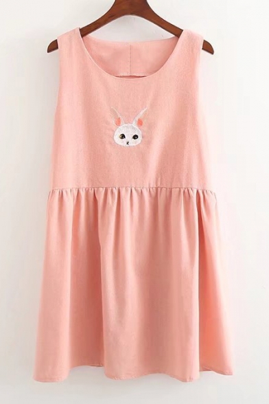 Lovely Embroidery Rabbit Pattern Sleeveless Round Neck Midi Smock Dress