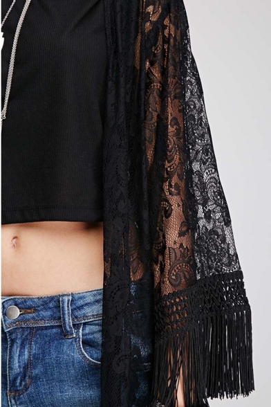 New Arrival Tassel Long Sleeve Open Front Tunic Lace Cardigan