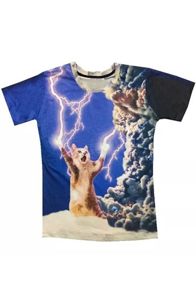 Stylish Digital Cartoon Cat Printed Round Neck Short Sleeve T-Shirt