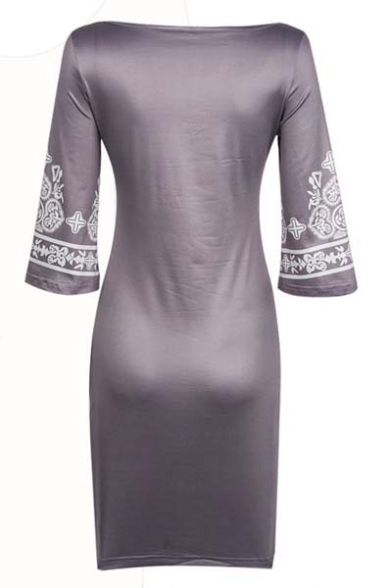Women's Embroidery Tribal Pattern V-Neck 3/4 Length Sleeve Mini Dress