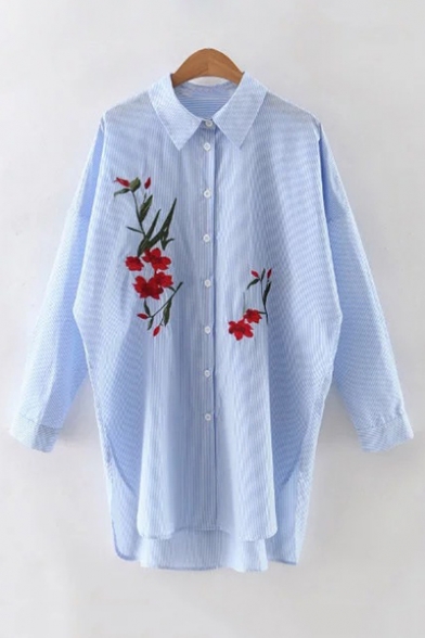 Embroidery Floral Striped Pattern Single Breasted Lapel Long Sleeve Tunic Shirt