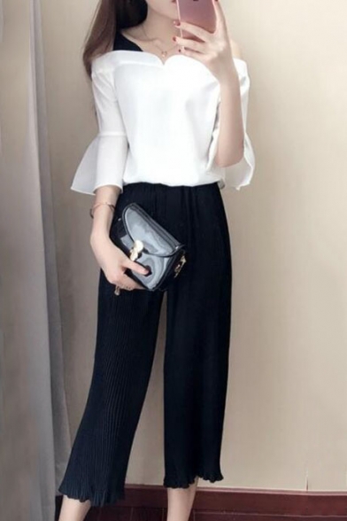 Flare Sleeve Cold Shoulder Fake Two-Piece Top with Plain Wide Legs Pants