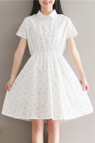 Lovely Bees Pattern Lapel Collar Short Sleeve Buttons Down Midi A-Line Dress
