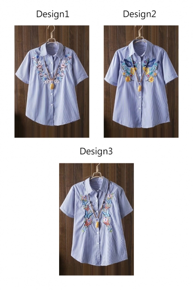 New Arrival Embroidery Floral Striped Lapel Single Breasted Short Sleeve Shirt