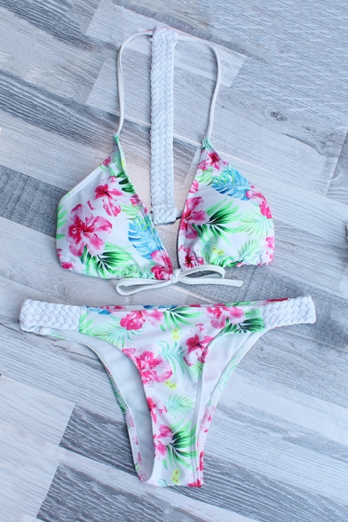 New Arrival Fresh Floral Printed Halter Neck Itsy Bottom Bikini Swimwear