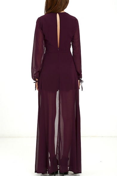 New Arrival Plunge Neck Long Sleeve Sexy Chiffon Plain Rompers