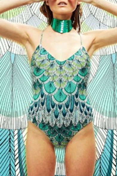 New Fashion Peacock Pattern Spaghetti Straps One Piece Swimwear