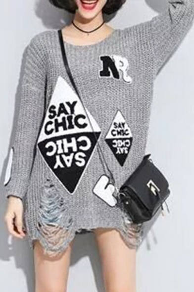 New Stylish V Neck Long Sleeve Letter Patched Cut Out Pullover Sweater