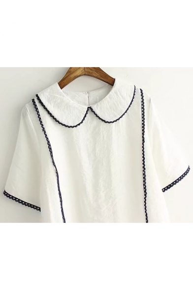 Peter Pan Collar Short Sleeve Contrast Stitching Loose Pullover Blouse