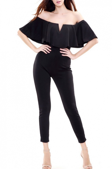 Sexy Off the Shoulder Ruffle Front Short Sleeve Plain Ankle Jumpsuits