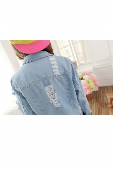 Stylish Letter Patched Ripped Lapel Collar Long Sleeve Buttons Down Denim Jacket