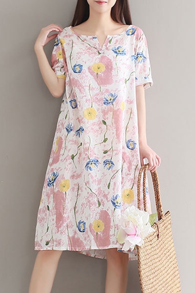 Summer Arrival Short Sleeve Floral Printed Round Neck Midi Swing Dress