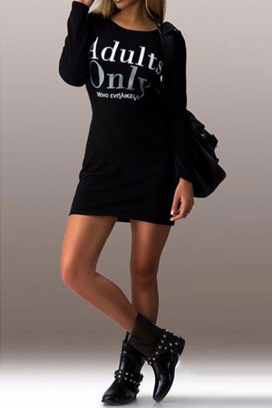 Women's Adults Only Letter Printed Long Sleeve Round Neck Mini Bodycon T-Shirt Dress