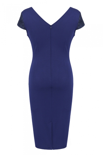 Women's Elegant Short Sleeve Round Neck Lace Midi Pencil Dress