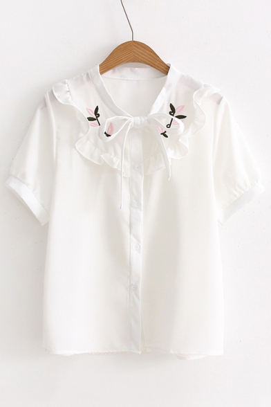 Women's Single Breasted Embroidery Floral Ruffle Front Tied Stand-Up Collar Shirt