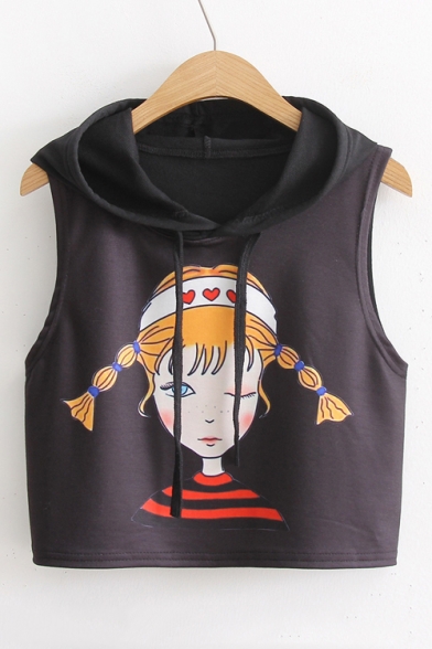 Cartoon Girl Pattern Hooded Sleeveless Pullover Cropped Cotton Tee