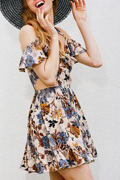 Fashion Women's Cold Shoulder V-Neck Short Sleeve Floral Printed Mini A-line  Dress