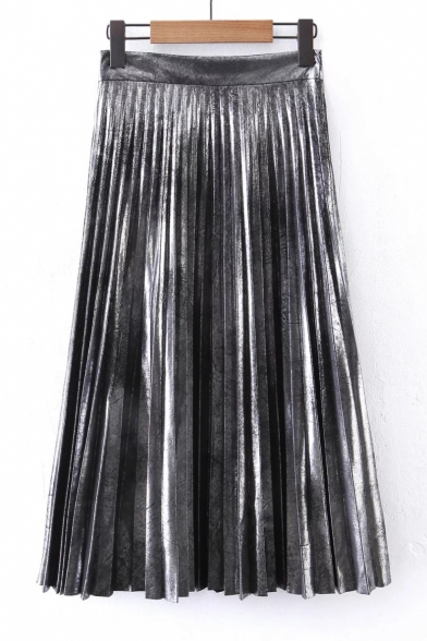Fashion Women's Metallic Plain Maxi Pleated Skirt