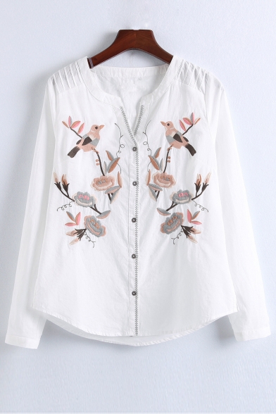 Floral Birds Embroidered Long Sleeve Leisure Casual Buttons Down Shirt ...